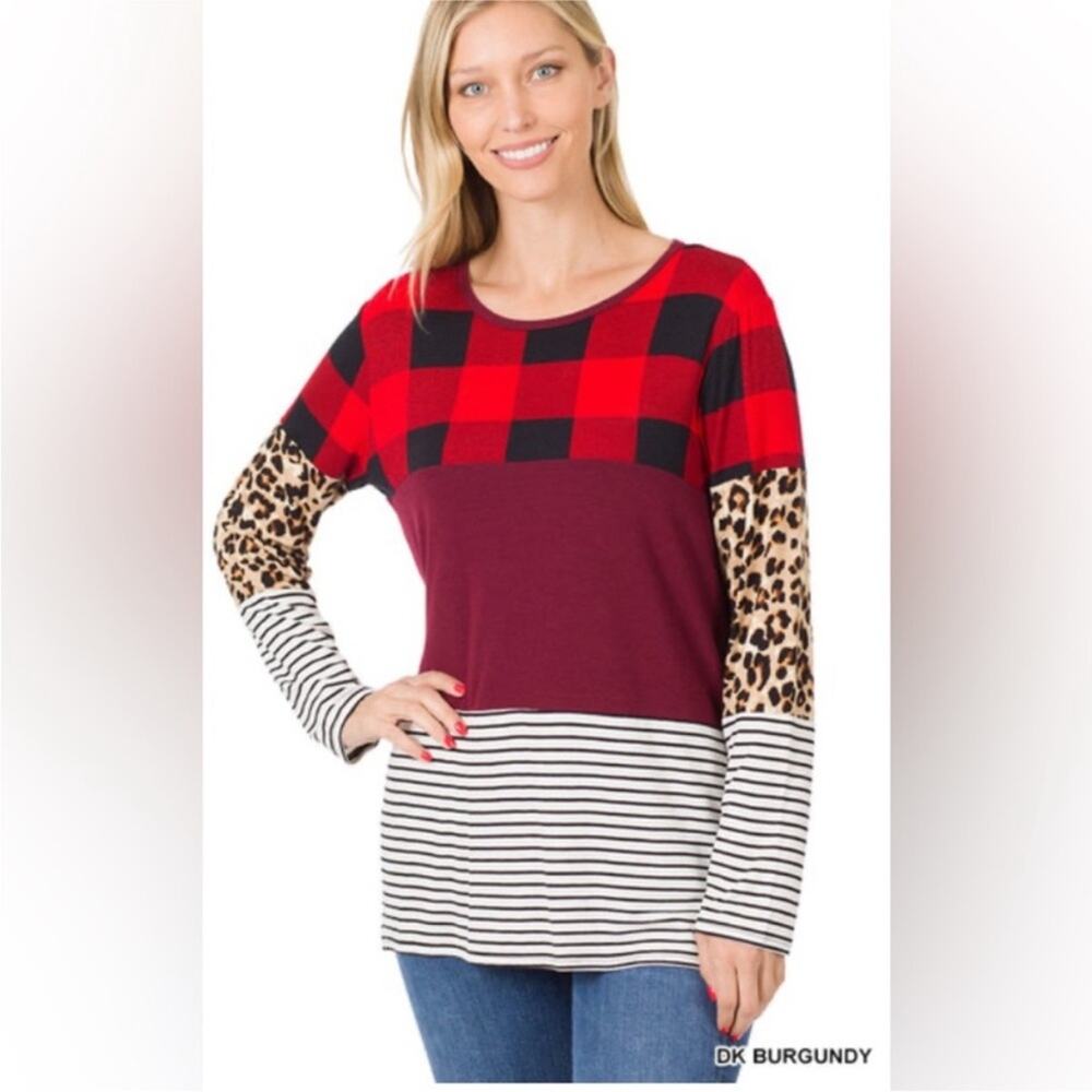 NWOT zenana outfitters plaid leopard striped long sleeve top